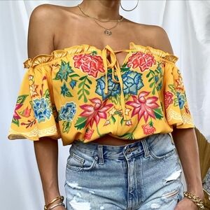 Flying Tomato Off The Shoulder Floral Blouse Size L Yellow Boho
